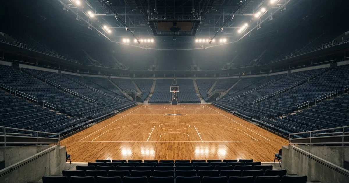 Eine leere Basketballhalle von einer oberen Tribünenreihe aus gesehen, Parkett und Körbe im Licht der Hallenstrahler.