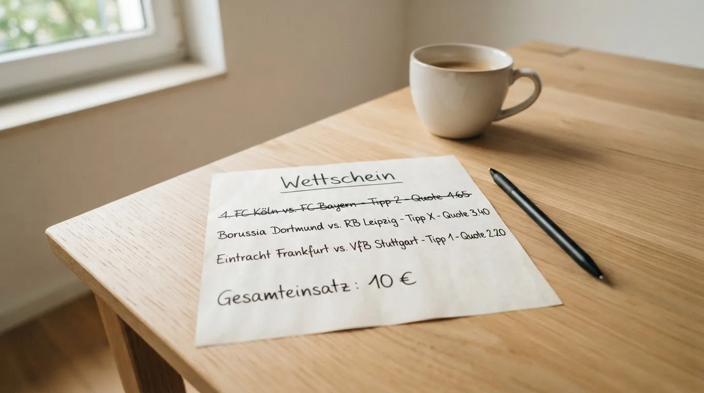 Ein leerer Wettschein aus Papier liegt neben einem Kugelschreiber und einer Tasse auf einem hellen Holztisch.