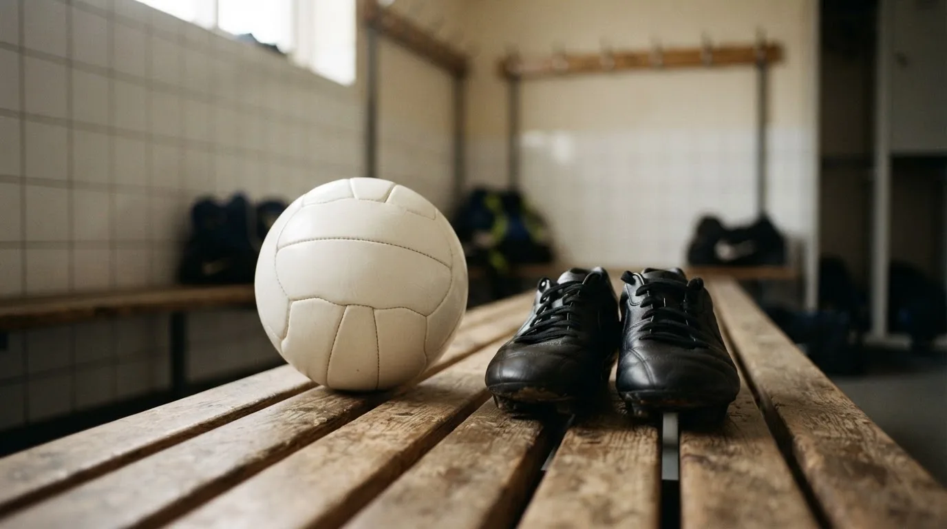 Ein Fußball liegt neben einem Paar Fußballschuhen ohne Markenzeichen auf einer Holzbank in einer leeren Umkleide.