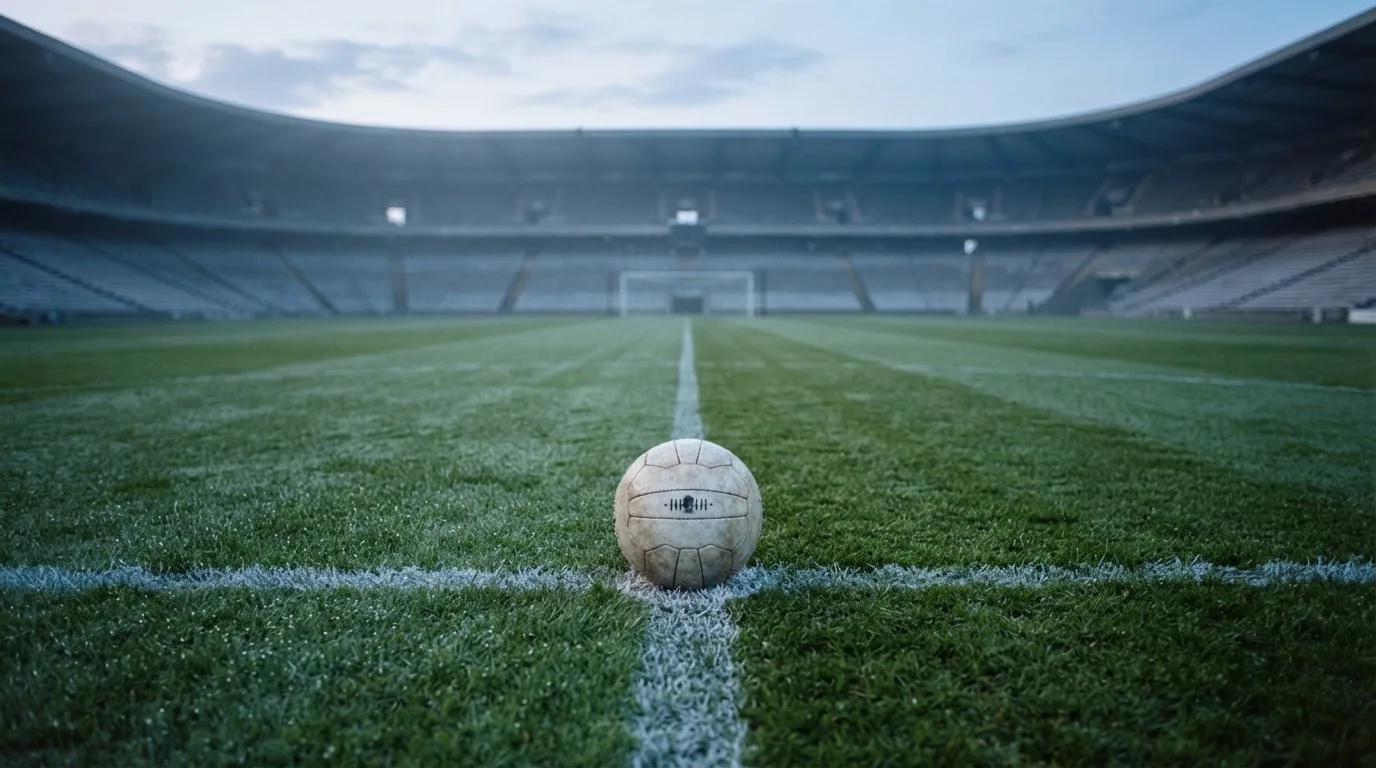 Ein Fußball liegt auf dem Anstoßpunkt eines leeren Rasenplatzes in der Morgendämmerung, im Hintergrund eine leere Tribüne.