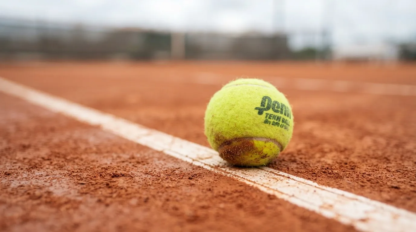 Ein einzelner Tennisball liegt auf rotem Sand neben einer weißen Linie, geringe Schärfentiefe.