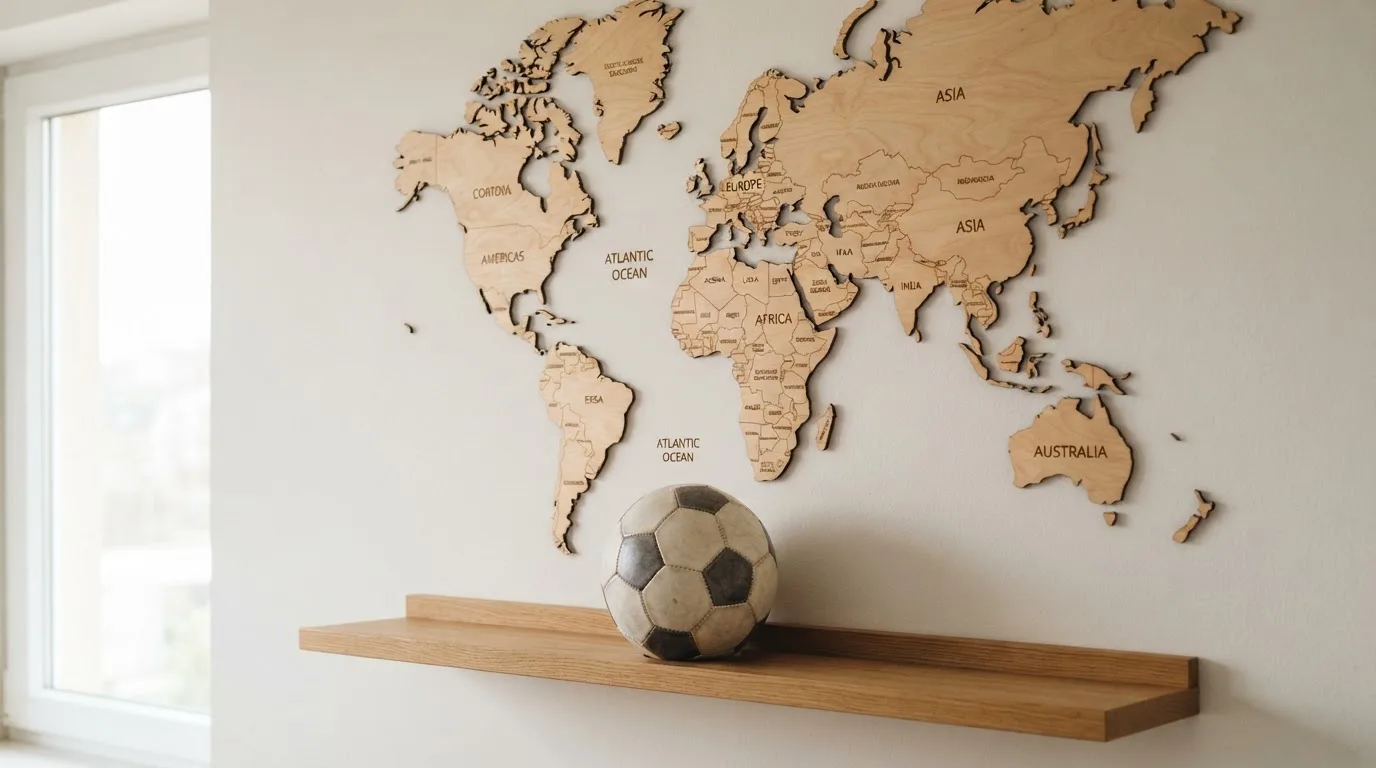 Eine Weltkarte aus Holz hängt an einer Wand, davor liegt ein Fußball auf einem Regal, ohne erkennbare Beschriftung.