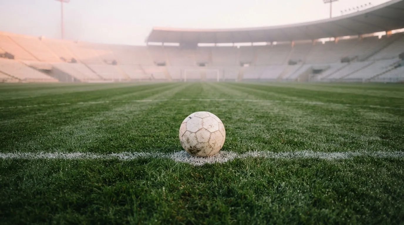 Ein Fußball liegt auf dem Anstoßpunkt eines leeren Rasenplatzes im frühen Morgenlicht, dahinter eine leere Tribüne.