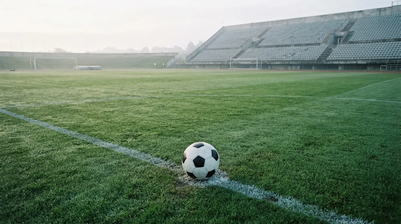 Ein Fußball liegt auf dem Anstoßpunkt eines leeren Rasenplatzes im frühen Morgenlicht, dahinter eine leere Tribüne.