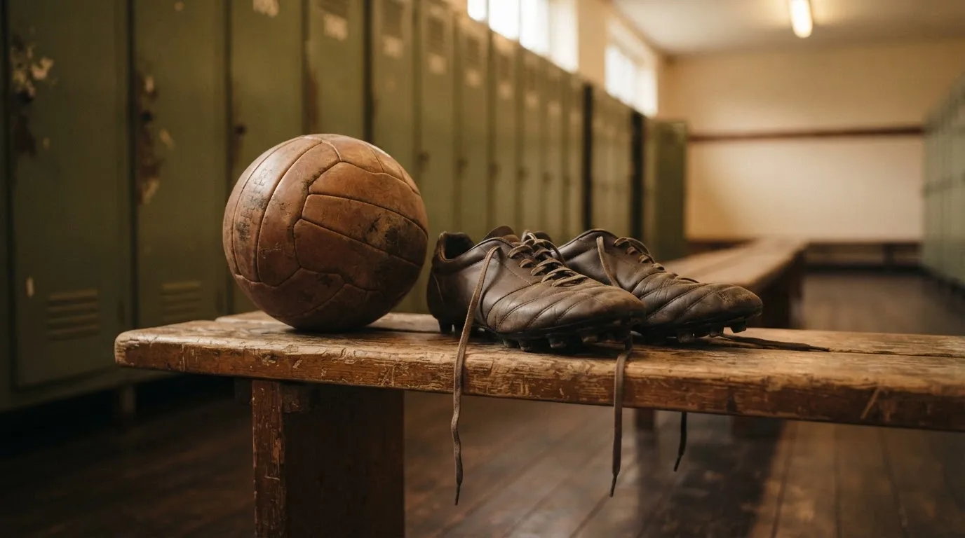 Ein Fußball liegt auf einer Holzbank in einer leeren Umkleide neben einem Paar Fußballschuhen ohne Markenzeichen.