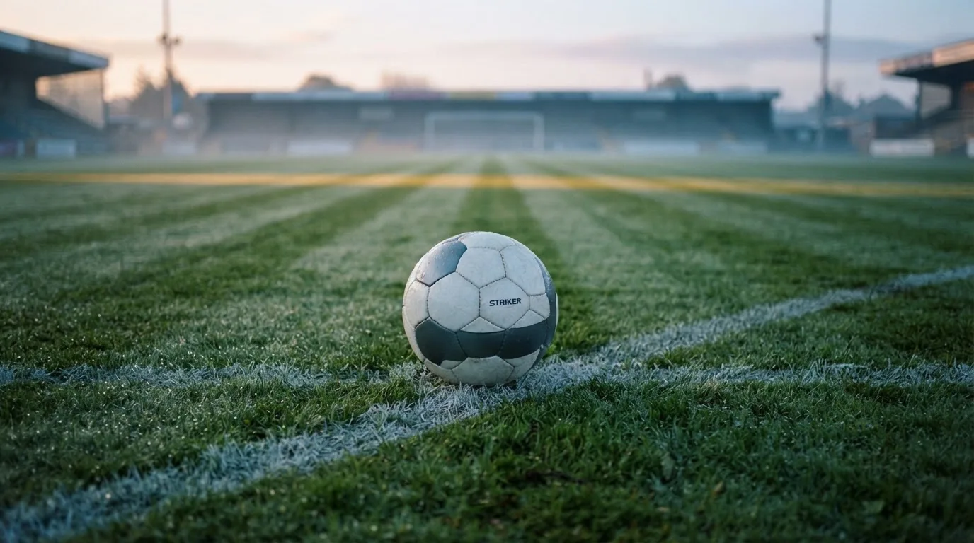 Ein Fußball ruht auf dem Mittelkreis eines leeren Rasenplatzes in der Morgendämmerung, Tau liegt auf dem Gras.