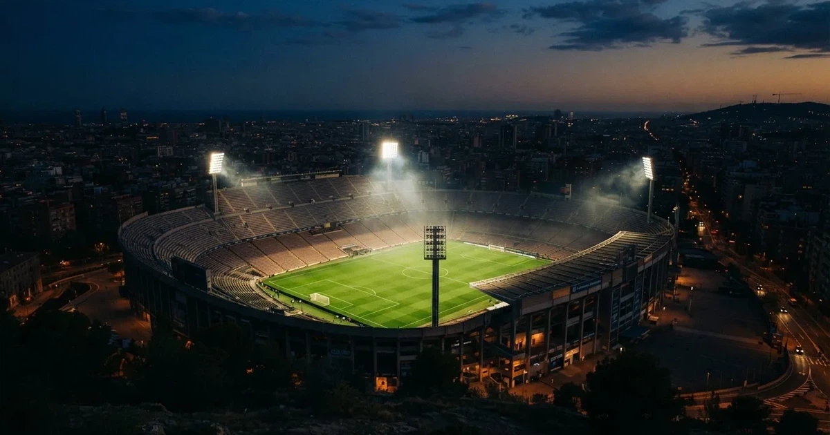 Ein Stadion bei Nacht unter Flutlicht aus der Ferne gesehen, der Rasen ist hell erleuchtet, keine erkennbaren Personen.