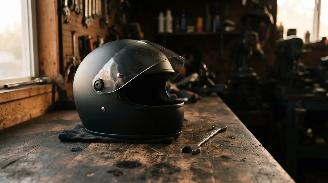 Ein schwarzer Motorradhelm ohne Aufdruck liegt auf einer Werkbank neben einem Schraubenschlüssel, warmes Licht einer Werkstatt.