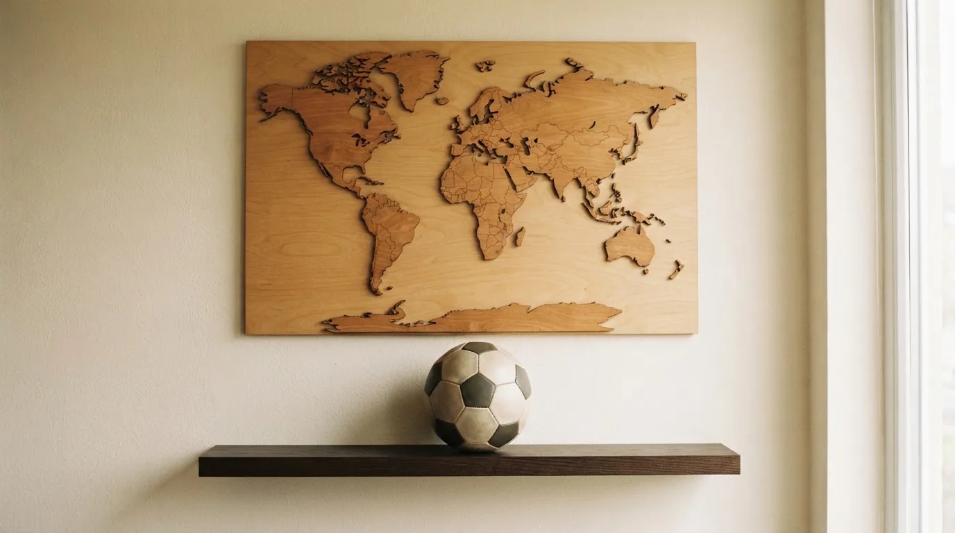Eine Weltkarte aus Holz hängt an einer Wand, davor liegt ein Fußball auf einem Regal, ohne erkennbare Beschriftung.