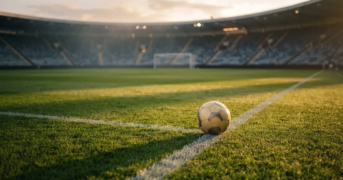 Ein Fußballplatz mit frisch gemähtem Rasen im Abendlicht, ein Ball liegt im Strafraum, im Hintergrund unscharf eine leere Tribüne.