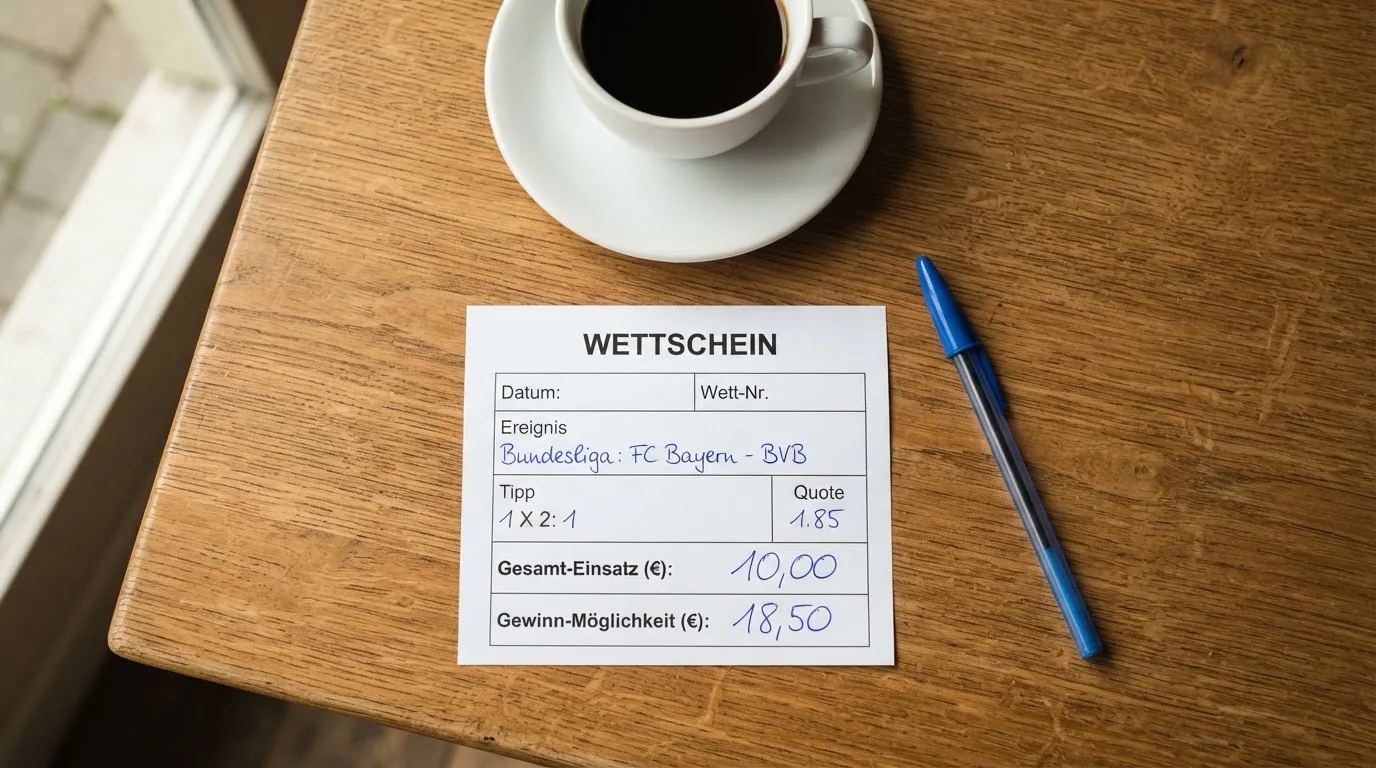 Ein leerer Wettschein aus Papier liegt neben einem Kugelschreiber und einer Tasse Kaffee auf einem Holztisch, Aufnahme von oben.