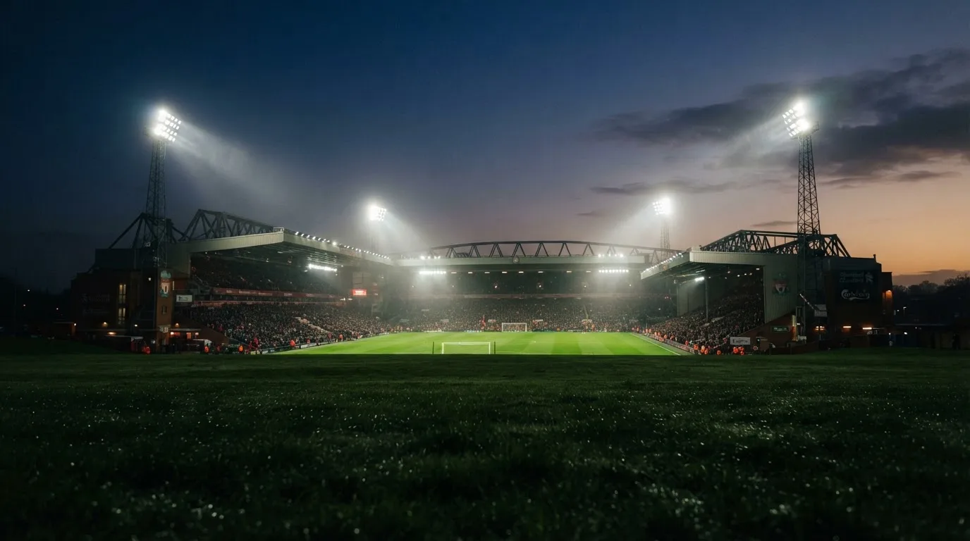 Ein großes Stadion unter Flutlicht, aus der Ferne über eine dunkle Wiese gesehen, die Lichtmasten spiegeln sich im Dunst der Abenddämmerung.