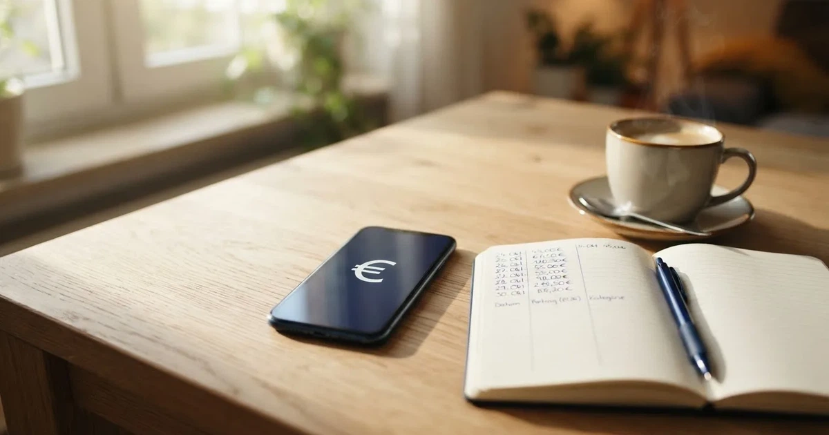 Ein Smartphone mit dunklem Display liegt neben einem Notizbuch mit handschriftlichen Notizen auf einem hellen Holztisch, daneben eine Tasse Kaffee im Morgenlicht.