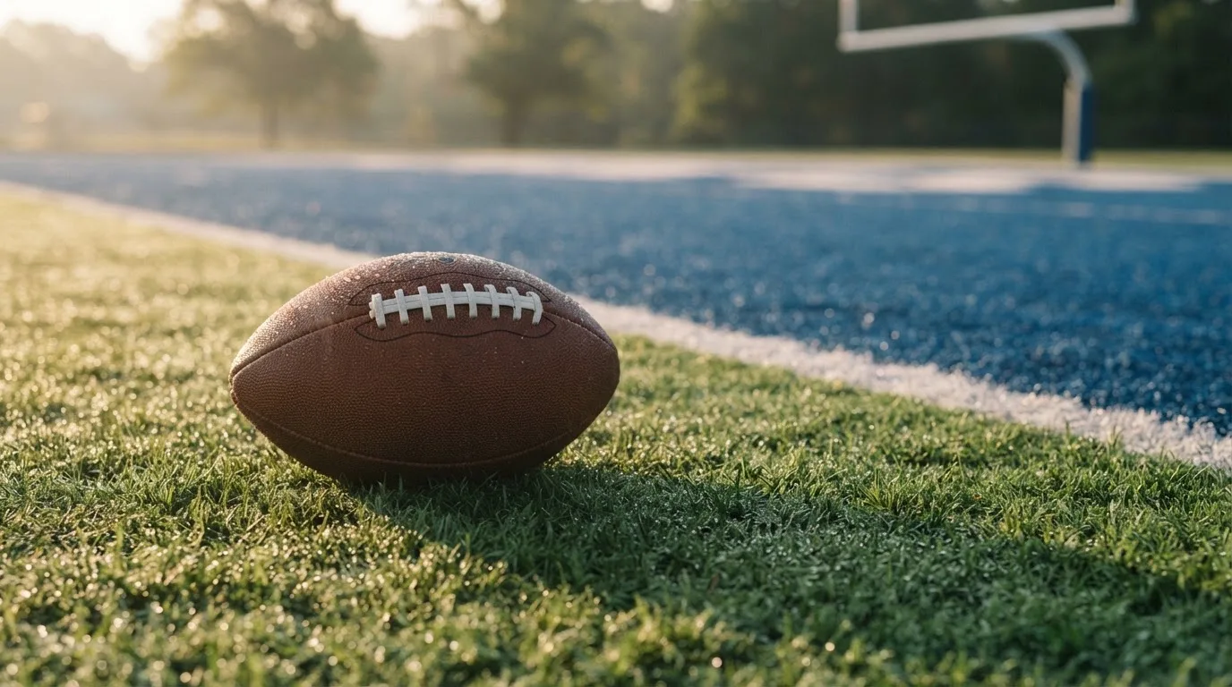 Ein ovaler Lederball mit heller Schnürung liegt auf dem Rasen vor der Endzone, Tau auf dem Gras im ersten Morgenlicht.