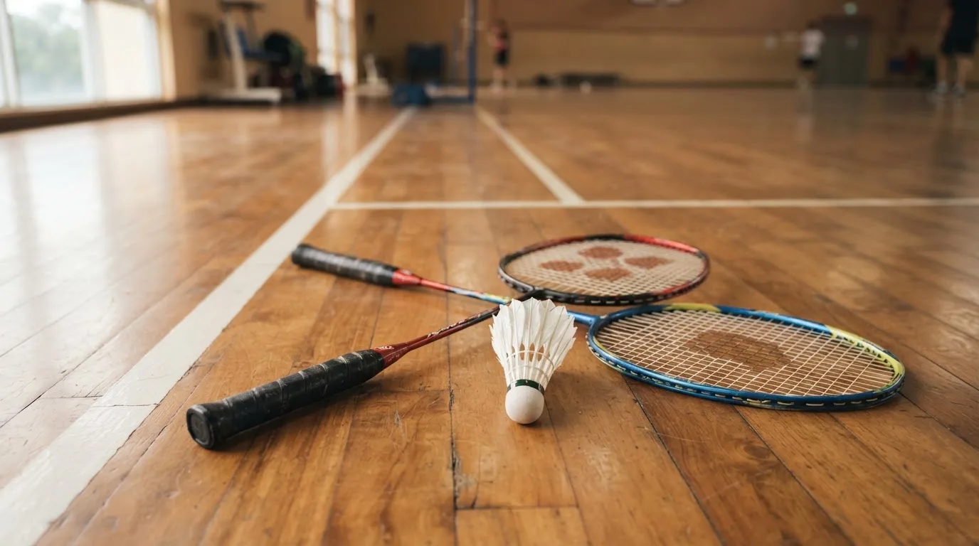 Zwei Badmintonschläger und ein Federball liegen auf einem Holzboden neben der Seitenlinie, weiches Licht fällt von der Seite ein.