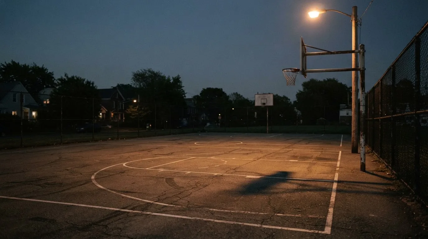 Ein Freiluft-Basketballplatz am Abend mit Asphalt, Linien und zwei Körben unter einer Straßenlaterne.
