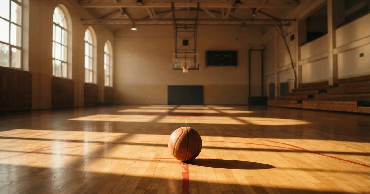 Ein Basketball liegt unter dem Korb auf dem Parkett einer leeren Sporthalle, Licht fällt durch hohe Fenster.