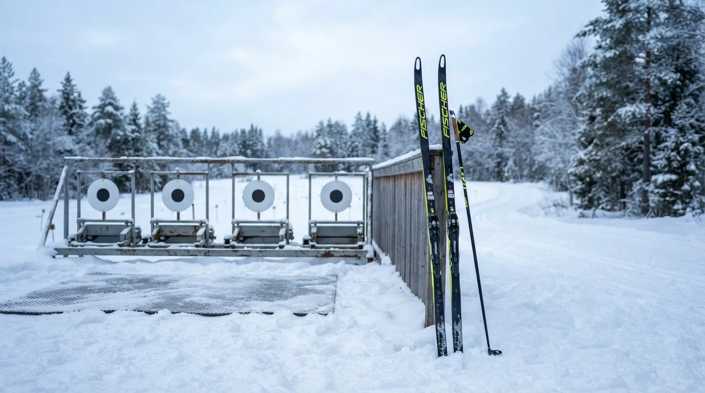 Ein Paar Langlaufskier steckt aufrecht im Schnee neben einem leeren Schießstand mit runden Zielscheiben, kaltes Winterlicht.