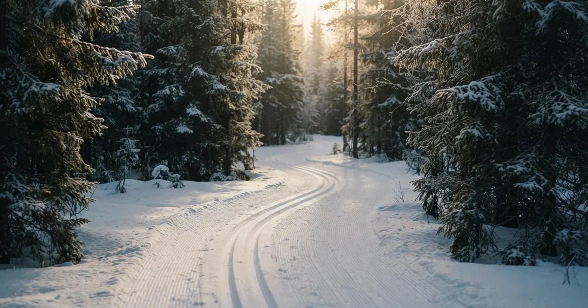 Eine verschneite Loipe zwischen Fichten im Morgenlicht, frische Spuren im Schnee, kein Mensch zu sehen.