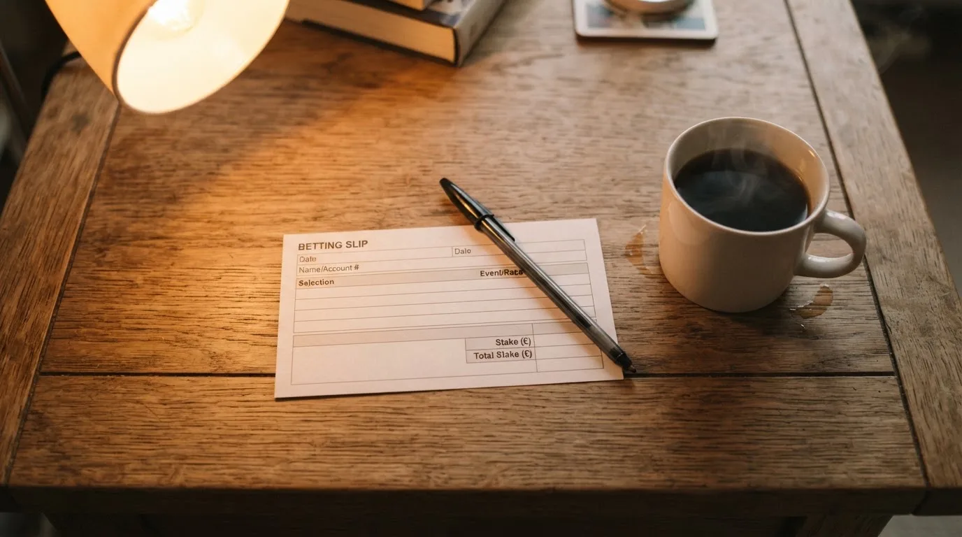 Ein leerer Papierwettschein und ein Kugelschreiber liegen auf einem Holztisch neben einer Tasse, warmes Licht einer Lampe.