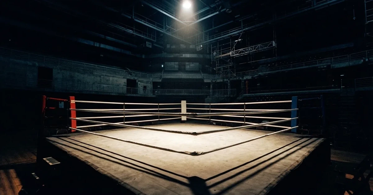 Ein Boxring mit gespannten Seilen in einer leeren Halle, ein einzelner Scheinwerfer leuchtet von oben auf die Ringmatte.