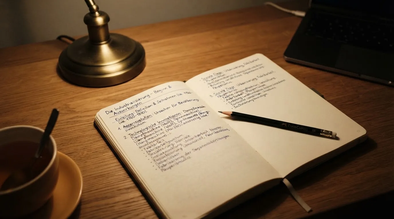 Ein Notizbuch mit handschriftlichen Notizen und ein Bleistift liegen neben einer Tischlampe auf einem Schreibtisch, ruhiges Abendlicht.