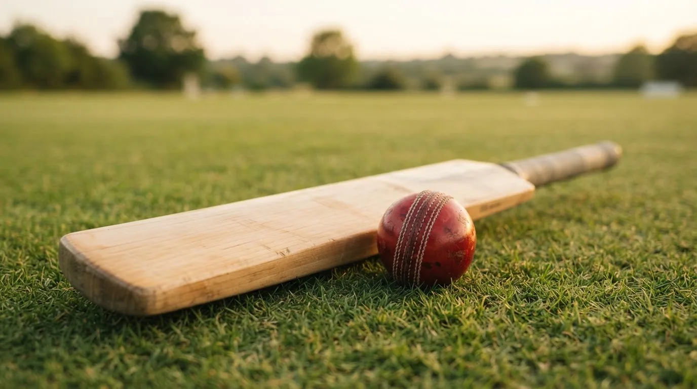 Ein Cricketschläger aus hellem Holz und ein roter Lederball liegen auf kurzem Rasen, weiches Abendlicht.