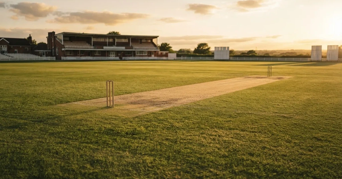 Ein weites grünes Cricketfeld mit einem hellen Streifen in der Mitte, tief stehende Sonne, im Hintergrund eine leere Tribüne.