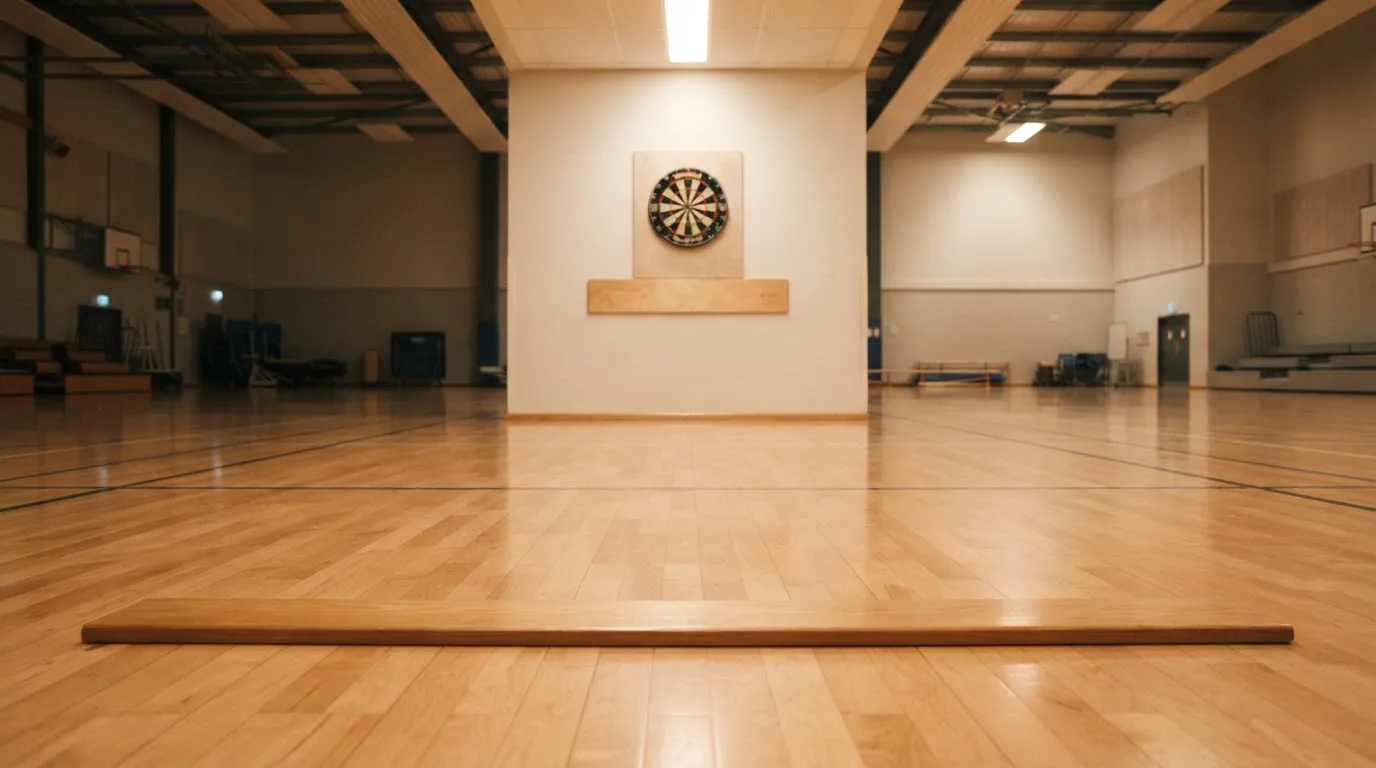 Eine Wurflinie aus Holz auf dem Hallenboden, im Hintergrund in der Ferne eine Dartscheibe an der Wand.