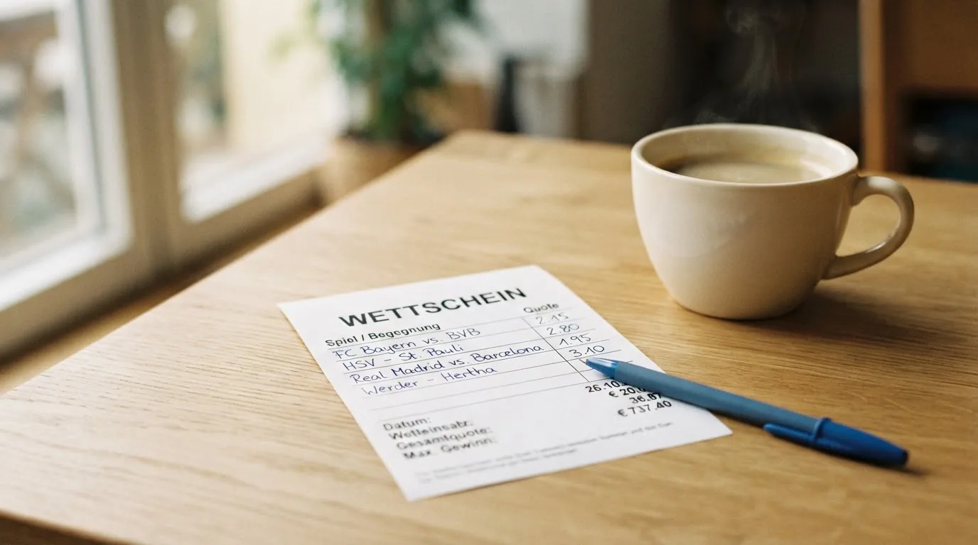 Ein leerer Wettschein aus Papier liegt neben einem Kugelschreiber und einer Tasse auf einem hellen Holztisch.