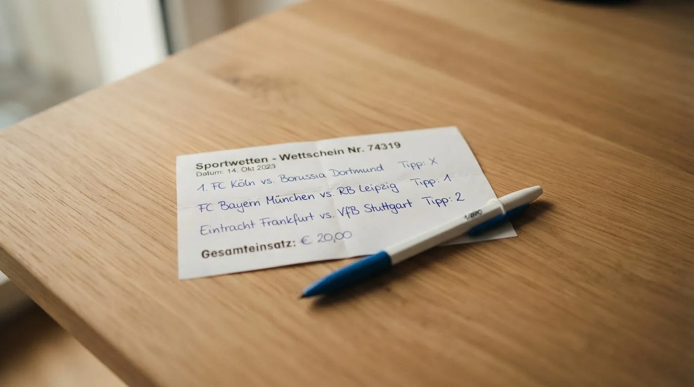 Ein leerer Papierwettschein und ein Kugelschreiber liegen auf einem aufgeräumten Schreibtisch, weiches Licht von einem Fenster.
