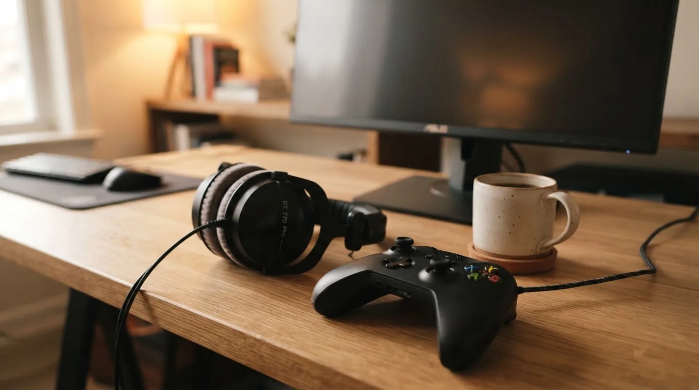 Ein Gamepad und ein Headset liegen auf einem Schreibtisch neben einer Tasse, der Bildschirm im Hintergrund ist ausgeschaltet.