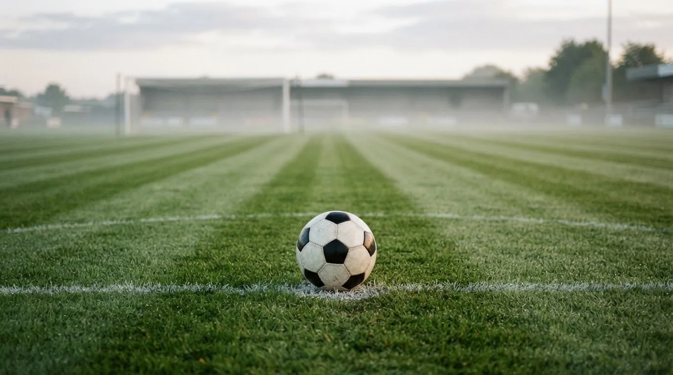 Ein Fußball liegt auf dem Elfmeterpunkt eines leeren Rasenplatzes, im Hintergrund unscharf ein Tor im Morgendunst.
