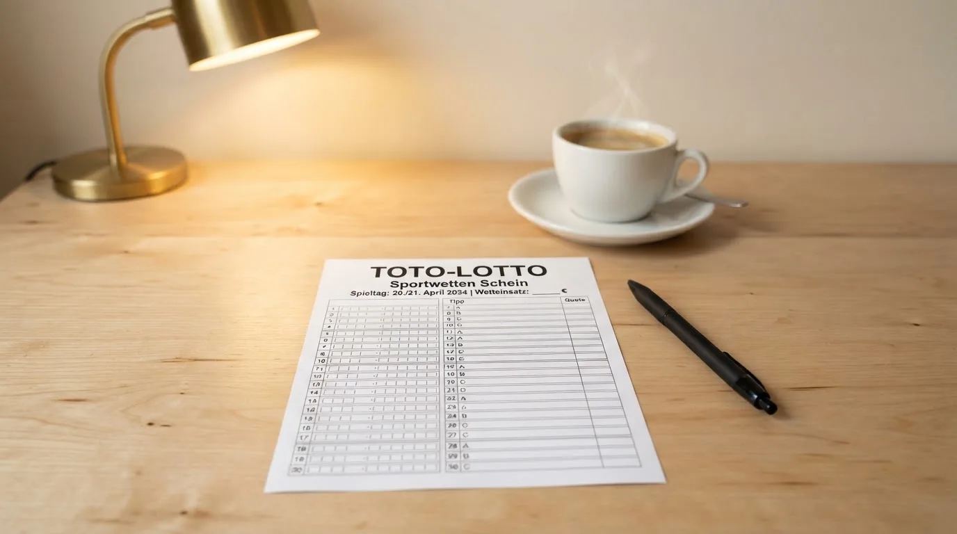 Ein leerer Wettschein aus Papier liegt neben einem Kugelschreiber und einer Tasse auf einem hellen Holztisch.