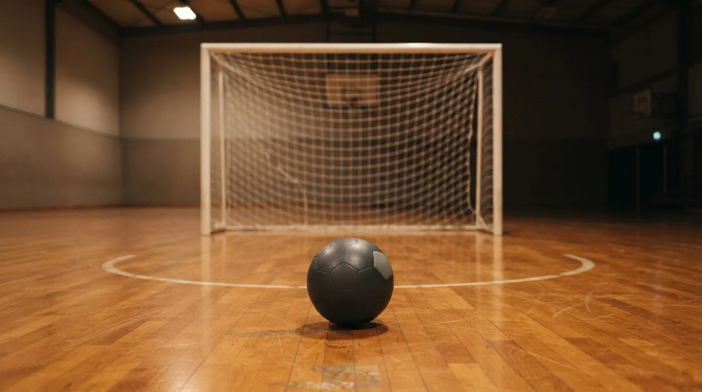 Ein kleiner schwerer Ball liegt in einer Halle auf dem Parkett vor einem Tor, warmes Licht aus den Deckenstrahlern.