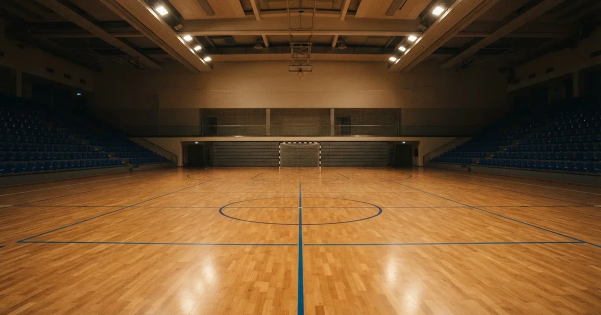 Eine leere Sporthalle mit hellem Hallenboden, kleinen Toren an beiden Enden und blauen Linien, Licht fällt von oben.