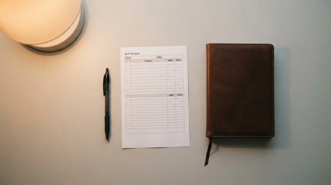 Ein leerer Papierwettschein und ein Kugelschreiber liegen auf einer glatten Schreibtischplatte neben einem Notizbuch.