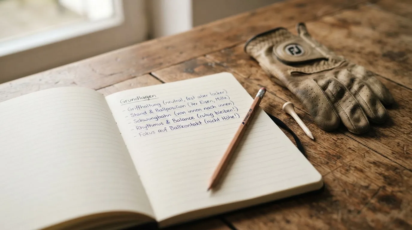 Ein Notizbuch mit handschriftlichen Notizen und ein Bleistift liegen neben einem Golfhandschuh und einem Tee auf einem Holztisch.