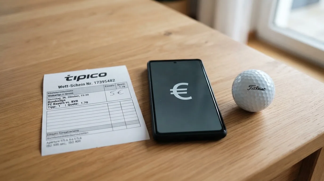 Ein leerer Wettschein aus Papier liegt neben einem Smartphone mit dunklem Display auf einem Tisch, daneben ein einzelner Golfball.