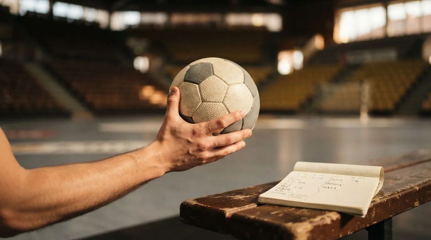 Eine Hand hält einen Handball, im Hintergrund eine unscharfe Tribüne, daneben liegt ein Notizblock auf einer Bank.