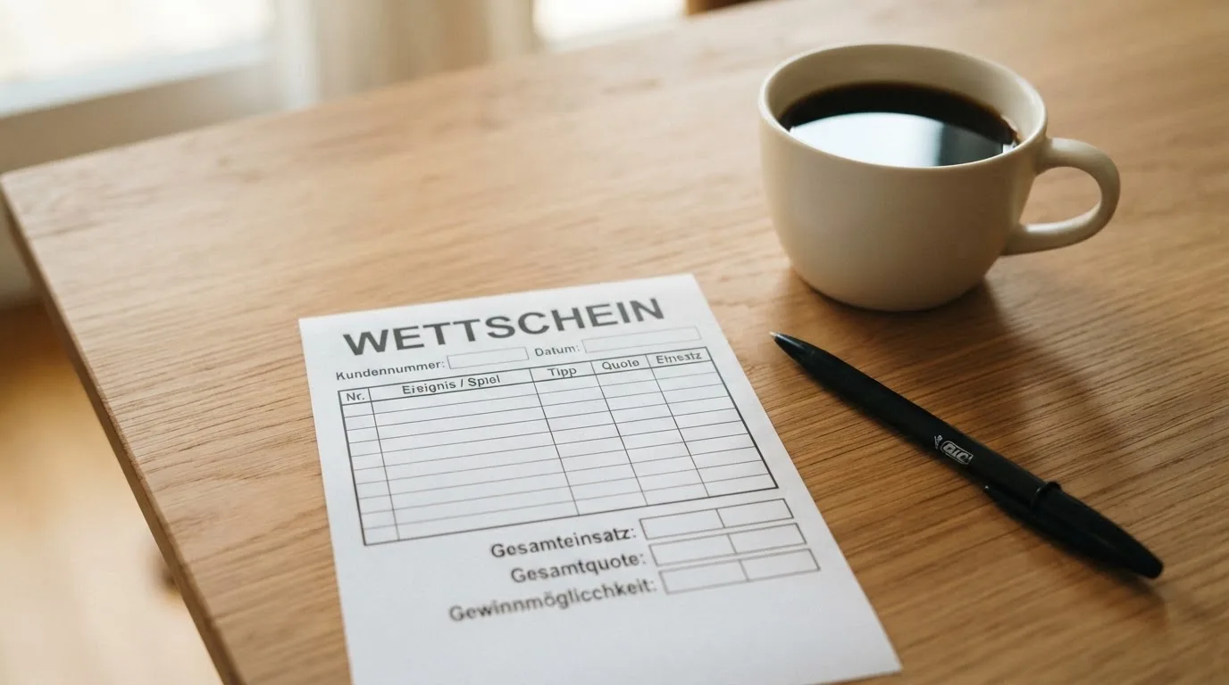 Ein leerer Wettschein aus Papier und ein Kugelschreiber liegen auf einem Schreibtisch neben einer Tasse Kaffee im Tageslicht.