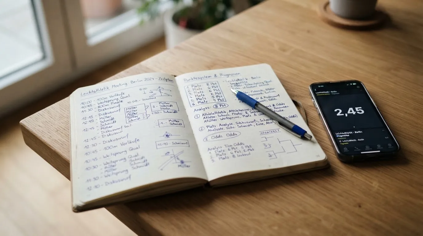 Ein Notizbuch mit handschriftlichen Notizen und ein Stift liegen auf einem Holztisch neben einem Smartphone mit dunklem Bildschirm.
