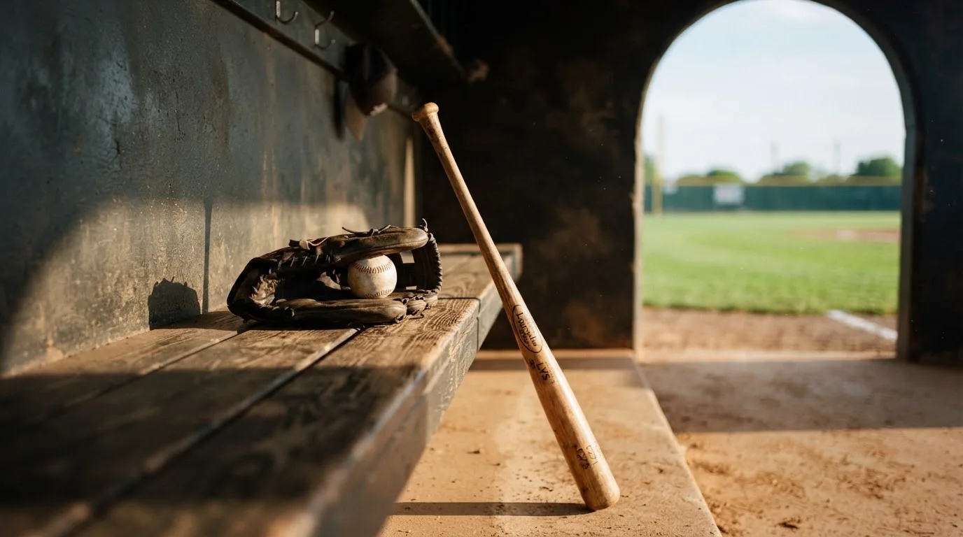 Ein Baseballschläger lehnt an einer Bank im Dugout, daneben liegen ein Handschuh und ein Ball im Licht der Nachmittagssonne.