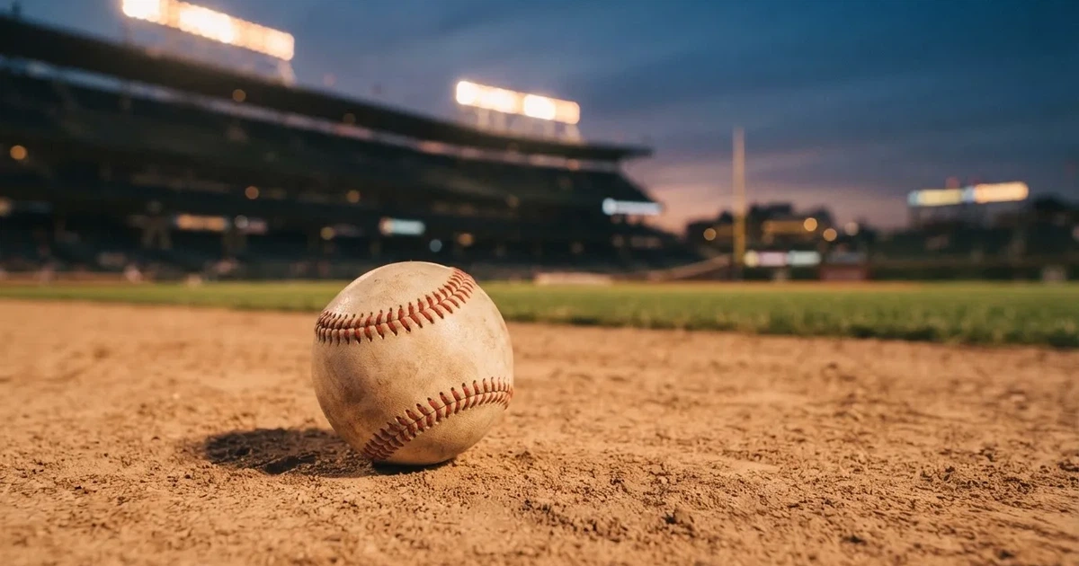 Ein Baseball liegt auf dem hellen Sand des Infields, im Hintergrund eine große Tribüne in der Abenddämmerung.
