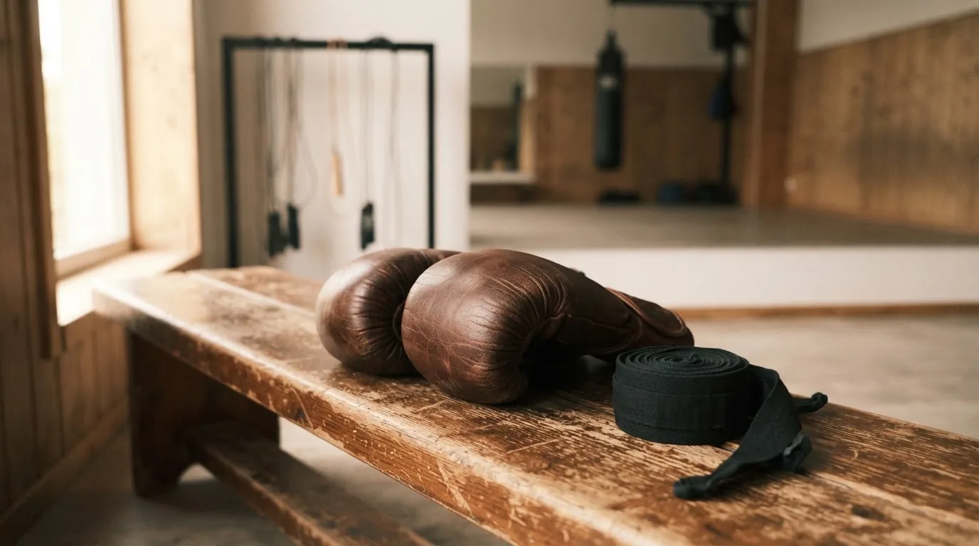 Ein Paar Kampfhandschuhe und eine Bandage liegen auf einer Holzbank in einem Trainingsraum mit Spiegelwand.