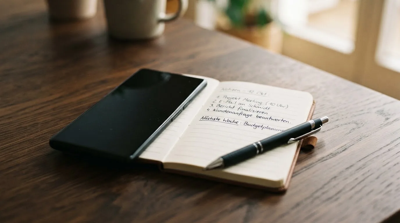 Ein Smartphone mit dunklem Display liegt neben einem Notizbuch und einem Kugelschreiber auf einem Tisch.
