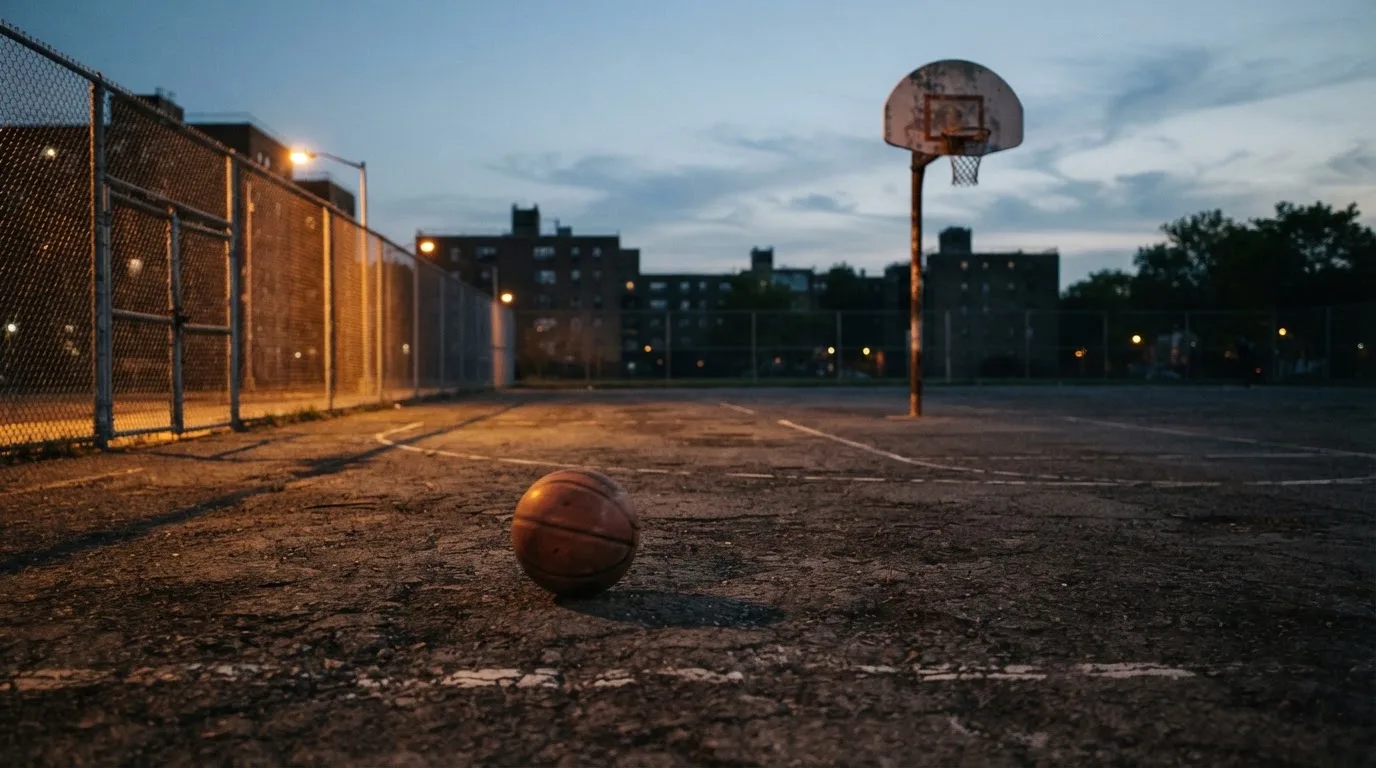 Ein Basketball rollt auf einem Freiluftplatz in der Abenddämmerung zu einem Korb, die Straßenlaternen leuchten bereits.