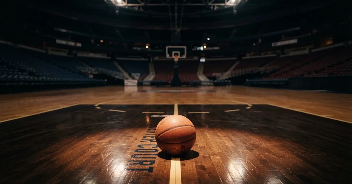 Ein Basketball liegt auf dem Parkettboden einer leeren Arena, Scheinwerfer werfen Licht auf die Mittellinie.