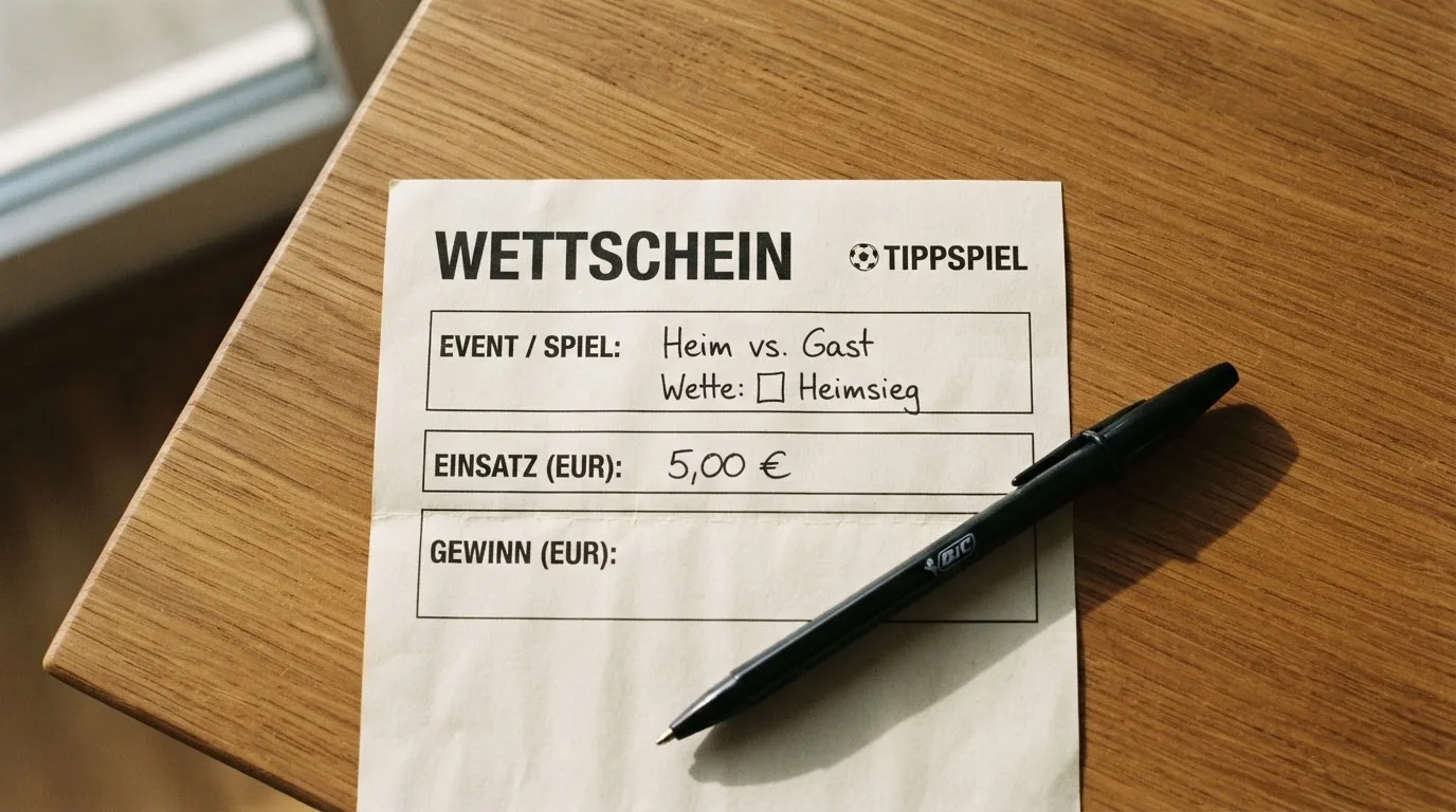 Ein leerer Wettschein aus Papier liegt neben einem Kugelschreiber auf einem Schreibtisch im Tageslicht.