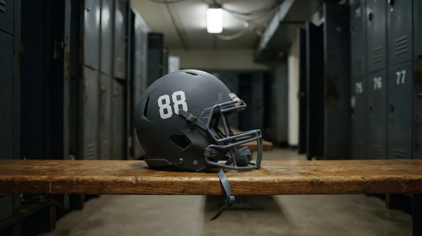 Ein neutraler Footballhelm ohne Aufdruck steht auf einer Holzbank in einer Umkleidekabine.